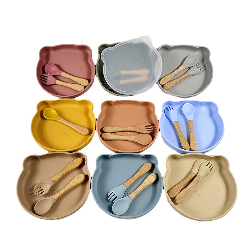 Oso de dibujos animados plato con cubierta de polvo plato de cena infantil bebé vajilla lechón comida complementaria infantil plato de cena de silicona