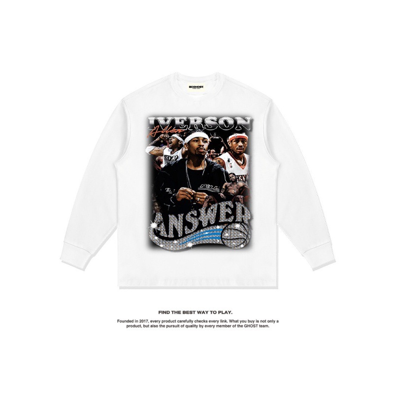 Iverson American Star camiseta hip-hop de la calle impresión de moda retro hacer viejo lavado pesado cuello redondo manga larga