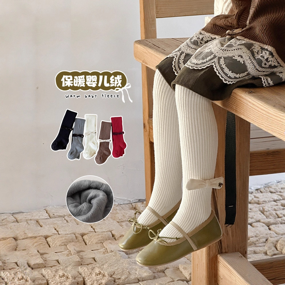 女童保暖长筒袜打底裤蝴蝶结可爱韩系连裤袜纯色百搭儿童袜批发