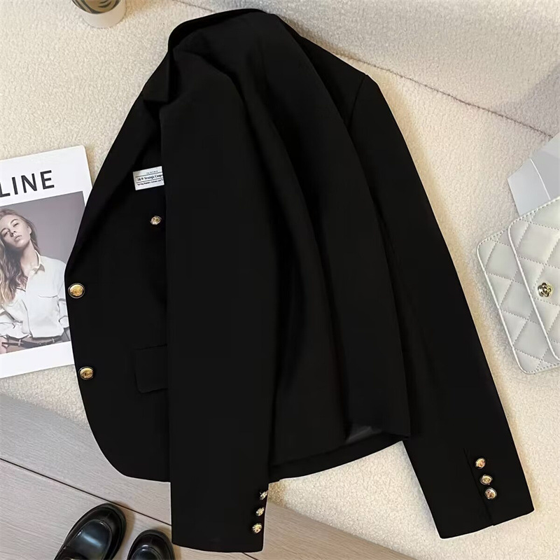 Small 2024 Spring and Autumn Design Sense Academy Style Casual Fried Street Suit Black Short Suit Jacket for Women
