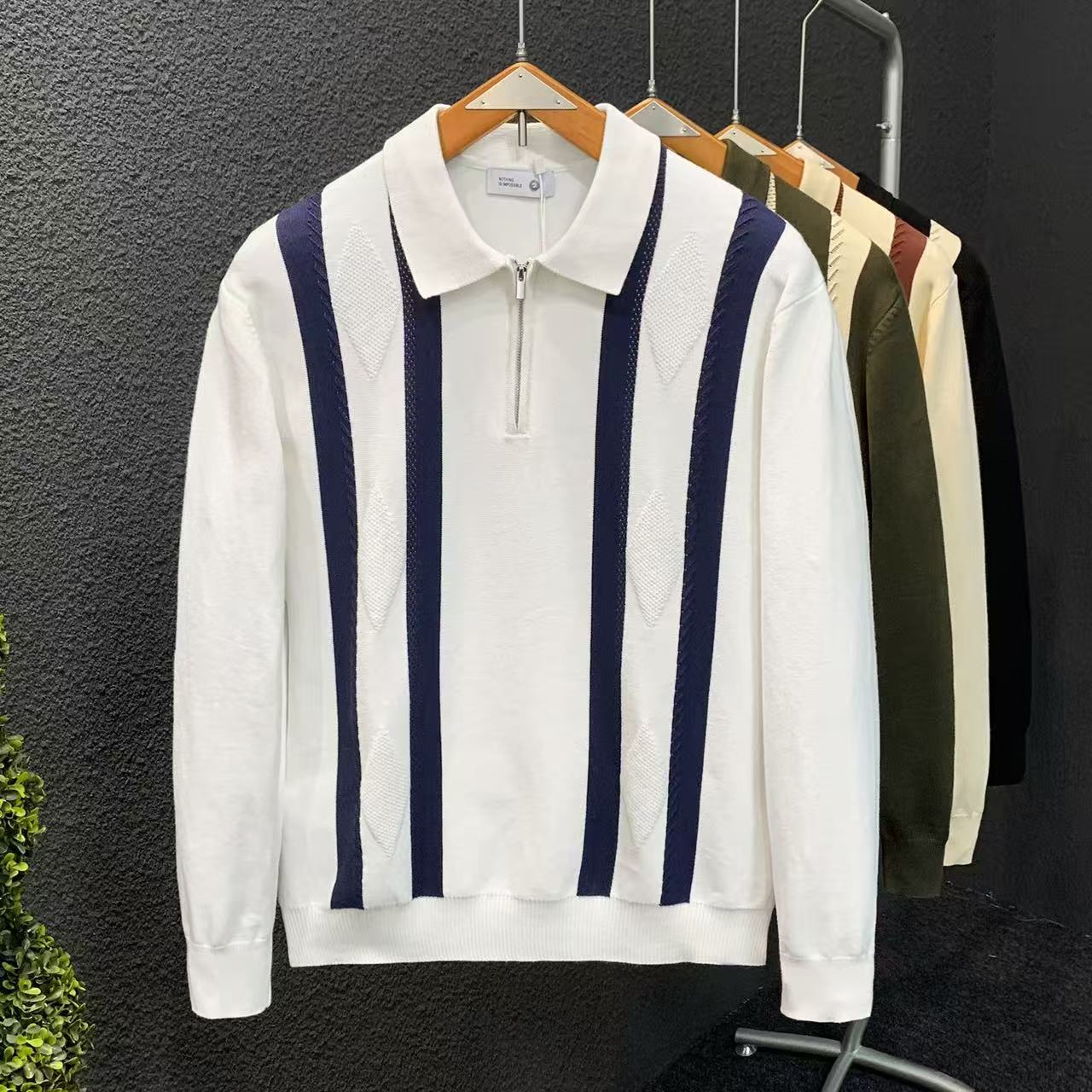 英伦风复古针织polo衫男士春秋季撞色条纹修身长袖拼色保罗衫毛衣