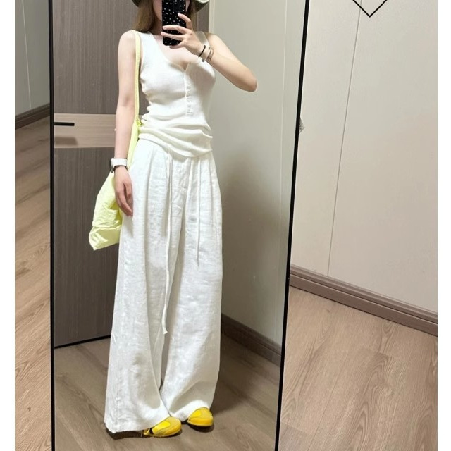 175 Tall Long White Ramie Wide Leg Pants Women's Spring and Summer High Waist Cotton Linen Loose Straight Linen Casual Pants