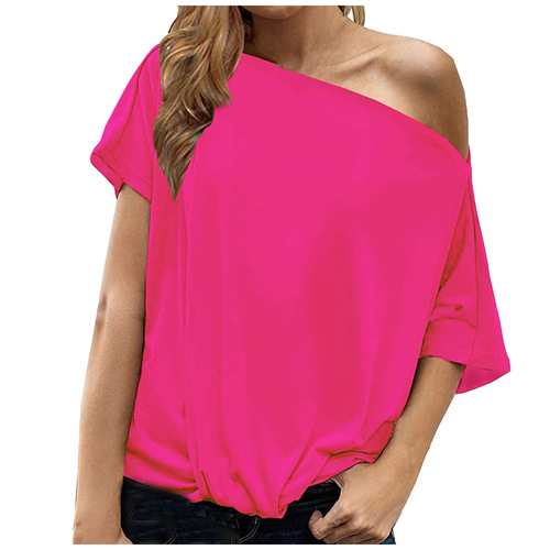 Amazon European and American Style Solid Color eBay Off-Shoulder Irregular T-Shirt Women's Loose Short-Sleeved Top