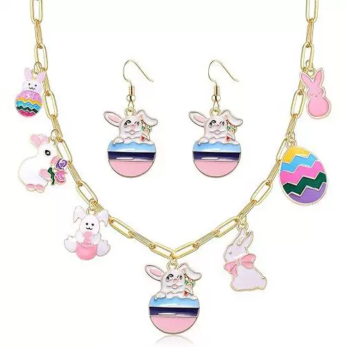 亚马逊跨境热销复活节卡通彩蛋兔子吊坠项链耳饰套装手工制作饰品