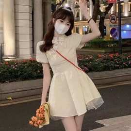 新中式女装2024年夏季新款小个子收腰甜美森系连衣裙法式蓬蓬裙子