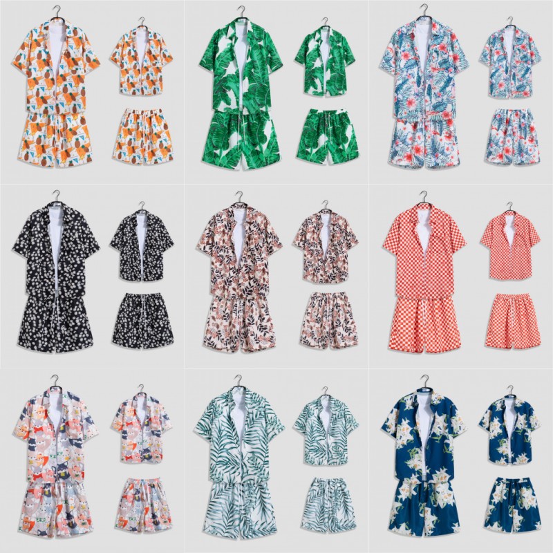 여름 해변 세트 남자의 반팔 플라워 셔츠 플러스 사이즈 느슨한 커플의 하와이안 셔츠 반바지 투피스 세트