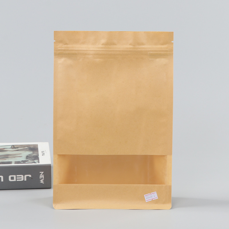 Spot bolsa de papel kraft con ventana transparente bolsa de embalaje de alimentos autosellada autoportante bolsa de té sellada de ocho lados fácil de rasgar