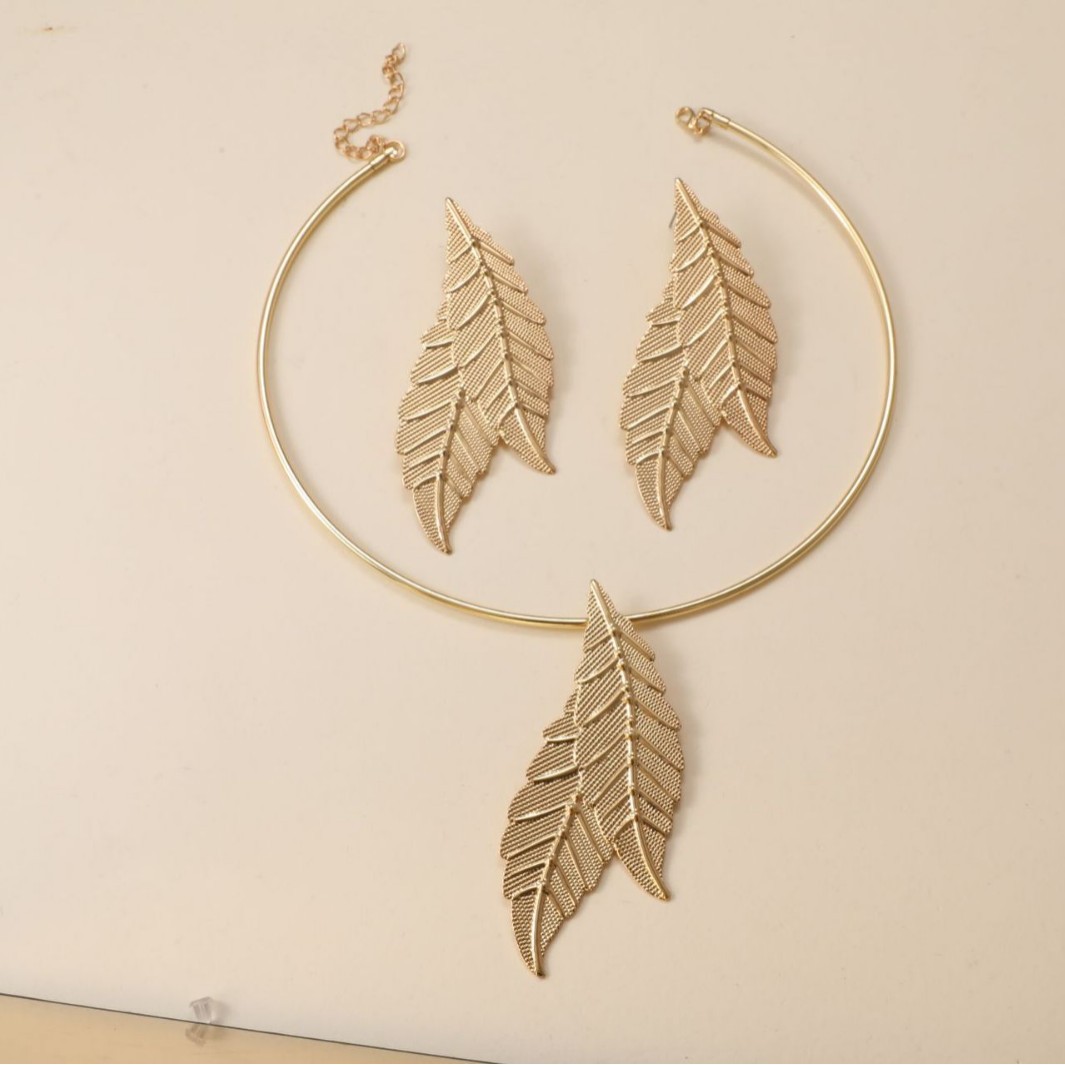 Juego de pendientes de collar de anillo simple de doble hoja simple de moda, juego de pendientes de collar de lujo ligero de metal