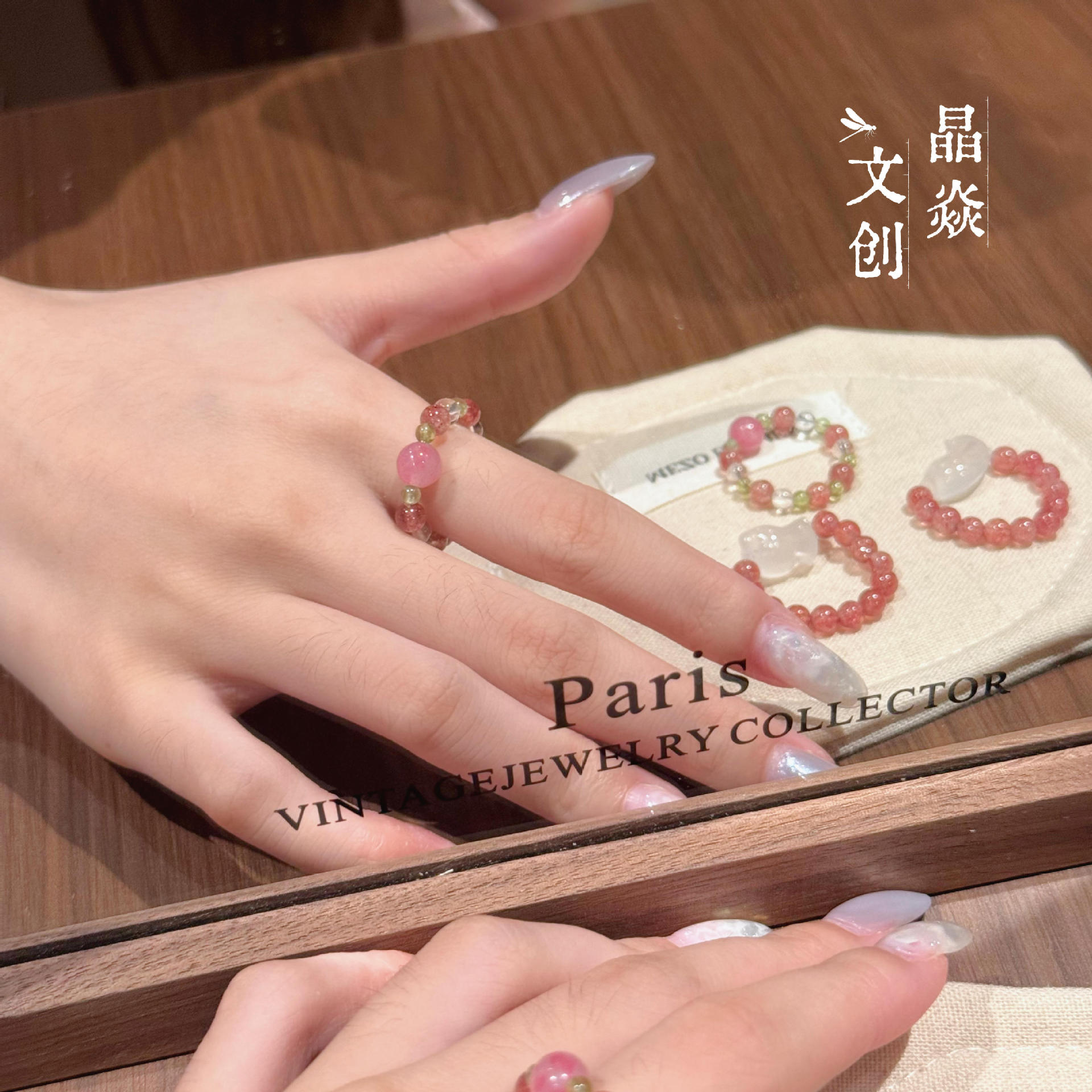 Original design strawberry crystal peridot cherry blossom rain lychee jelly cat ring for women, sweet summer wholesale hot sale