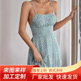 欧美跨境新款女装夏季连衣裙清新甜美碎花系带连衣裙 吊带裙