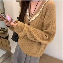 韩系V领毛衣拼接蕾丝针织上衣2025秋款女宽松百搭长袖毛衣套头衫