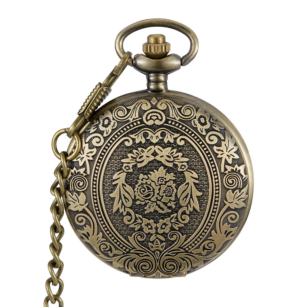 Relógio de bolso esqueleto vintage gravado com colar presente_voghion.com