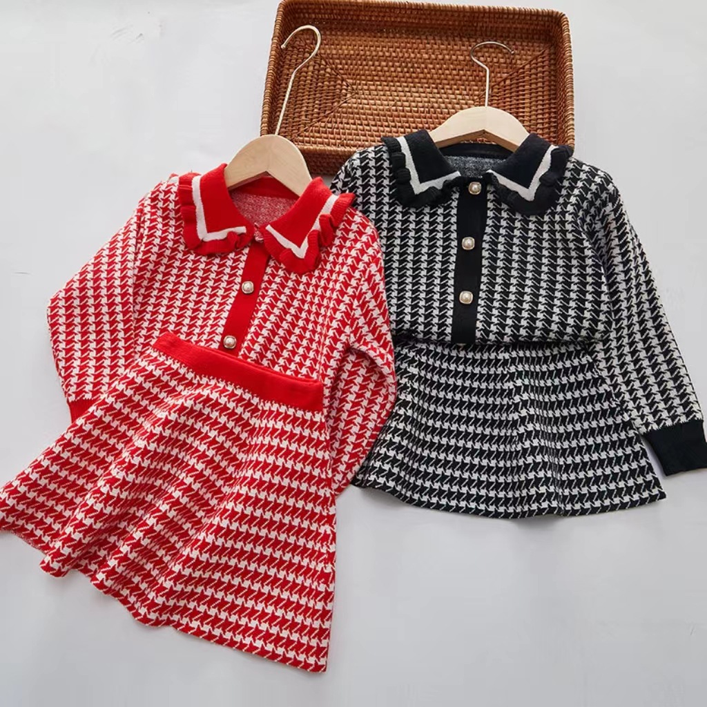 Bambini 23 Ragazze Abiti di lana, gonne, Thousand Bird Checkers, gonne corte lavorate a maglia per ragazze, alla moda due_voghion.com