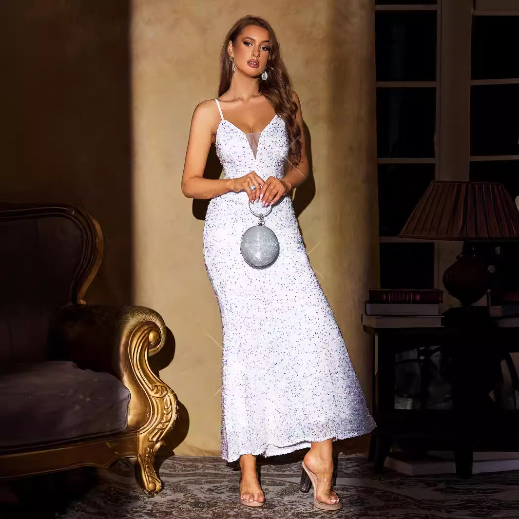 Women's Clothing New Sexy Women's Party Dress Deep V Neck Suspender Long Dress Fishtail Skirt_ecoleips.com
