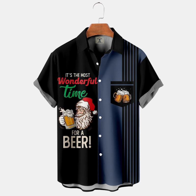 Cross-border New Santa Claus Digital Printing Short-sleeved Shirt Foreign Trade plus size Men's Summer Casual Top Christmas