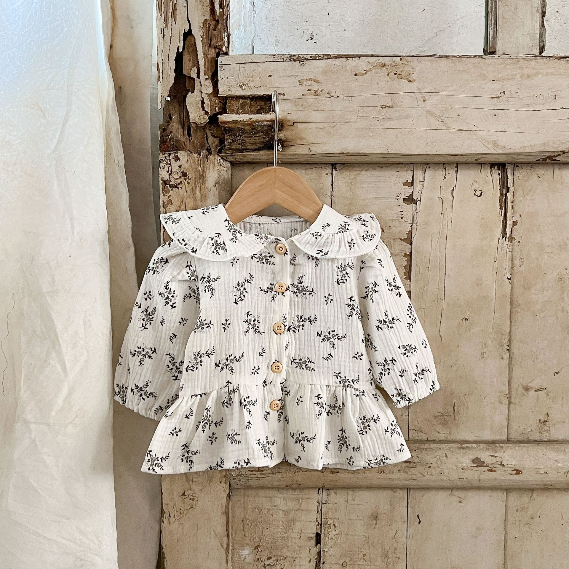 Estilo coreano primavera y verano niñas bebé algodón floral solapa camisa vestido ins niños todo partido cómodo vestido de moda