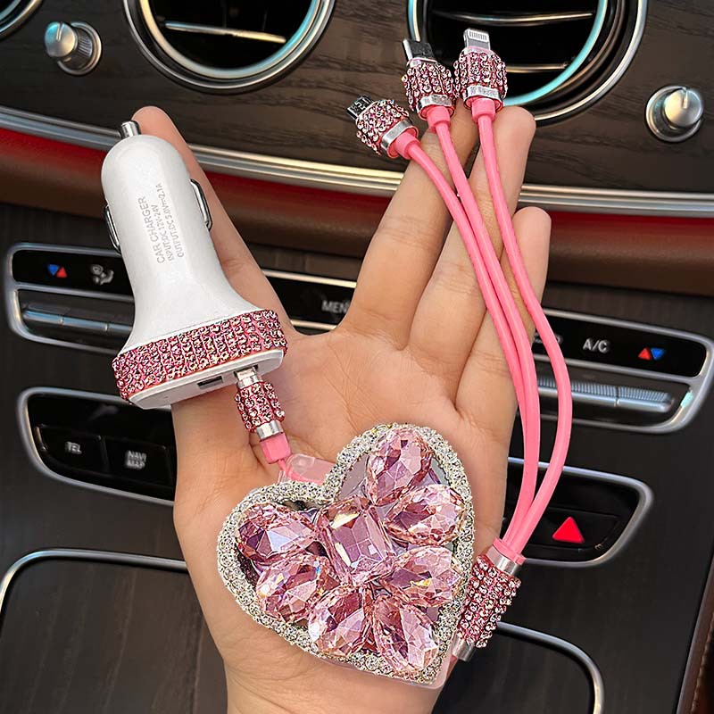 Diamond-encrusted data cable three-in-one car charging cable multifunctional retractable portable storage three-port tpyec charging