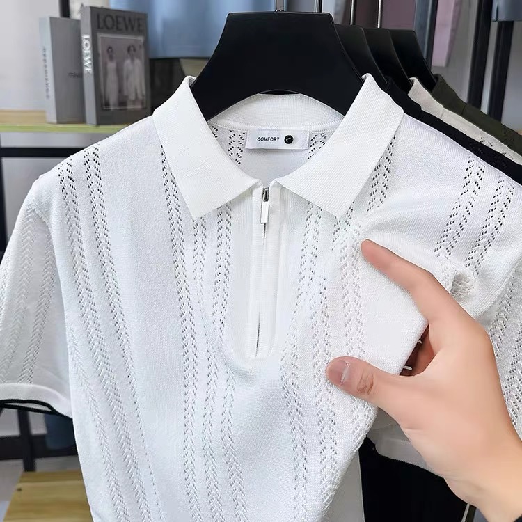 POLO suéter de punto de manga corta con solapa para hombre, verano, seda de hielo, rayas, color a juego, negocio, delgado, marea, comercio exterior, venta al por mayor transfronteriza