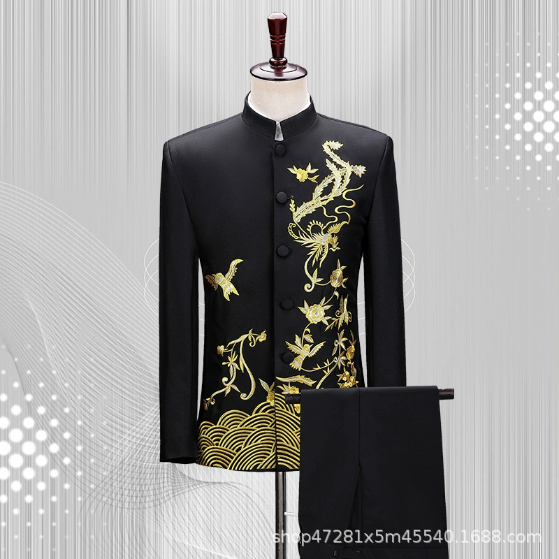 Китайская туника с вышивкой, черный воротник-стойка, молодой Взрослый мужской костюм, пальто, мужской костюм, одежда для хора