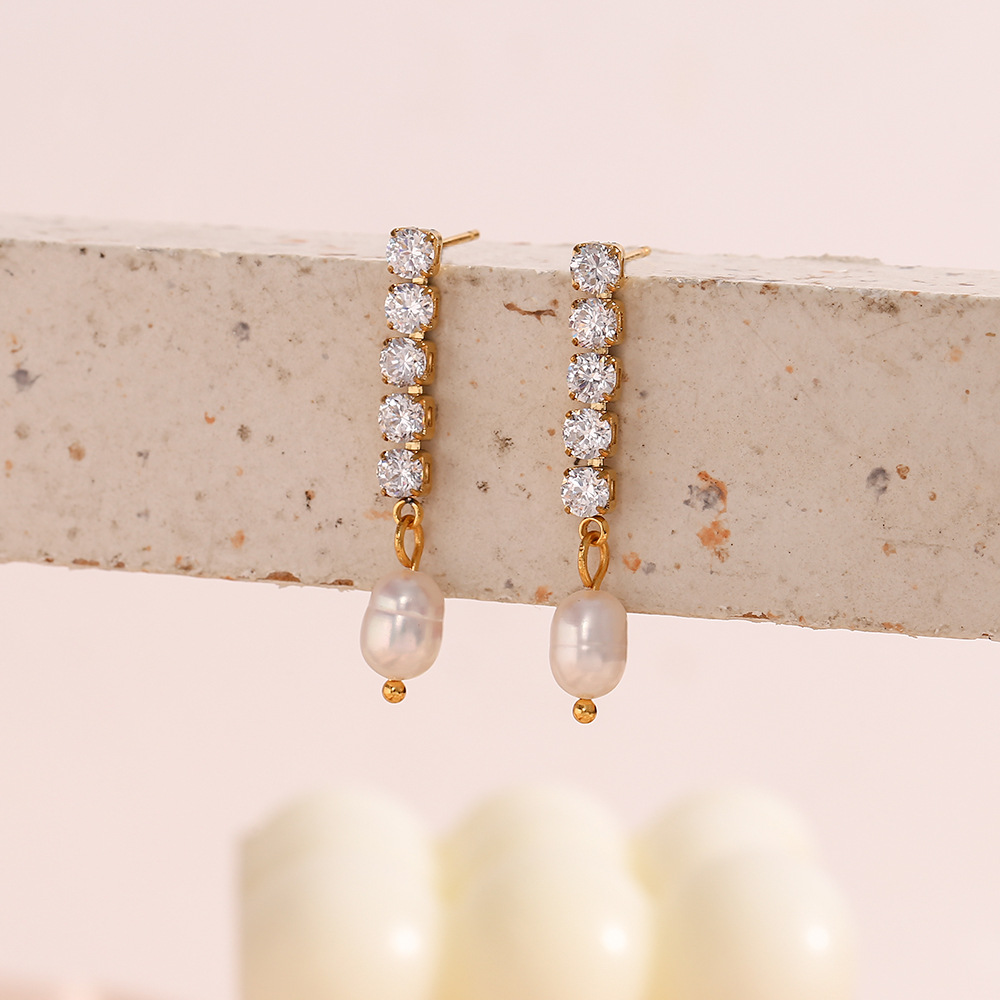 Zircon Chain Freshwater Pearl Stainless Steel Earrings
