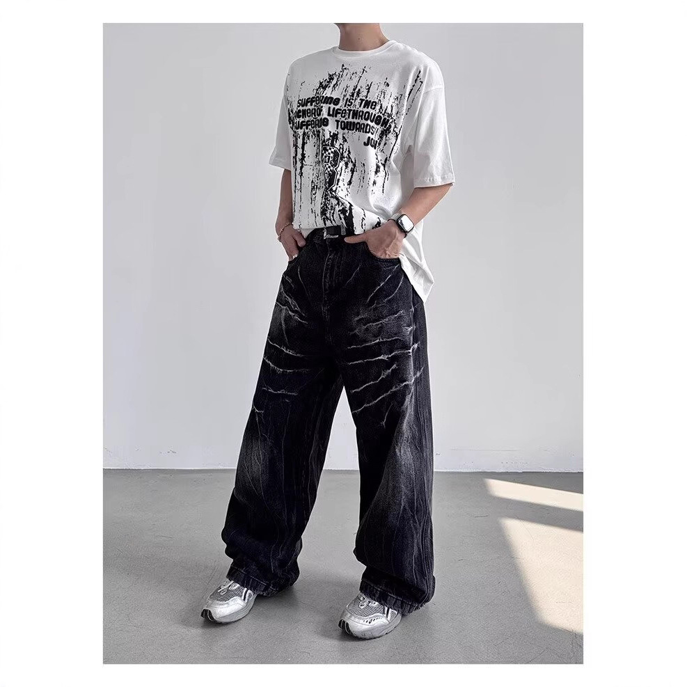 American Style Rivet Lightning Denim Jeans For Men And Women, Wide-Legged Distressed Wash Vintage Drop-Crotch Trousers, Trendy Streetwear Design_mkmklike.com