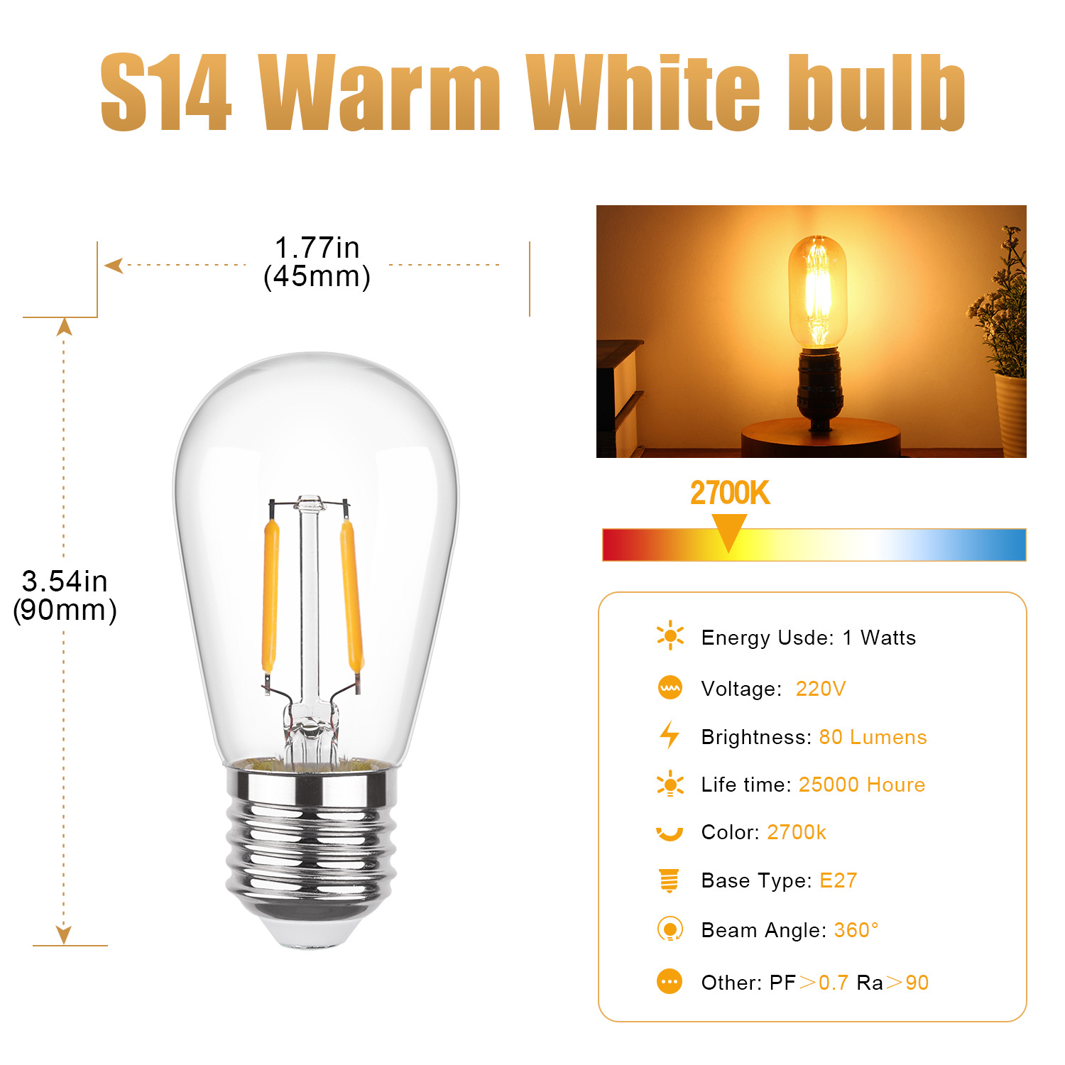 Lámpara led de plástico S14 Lámpara de filamento Edison 2700K Cálido E27 Impermeable y de ahorro de energía ST45 Lámpara de cadena de espuma