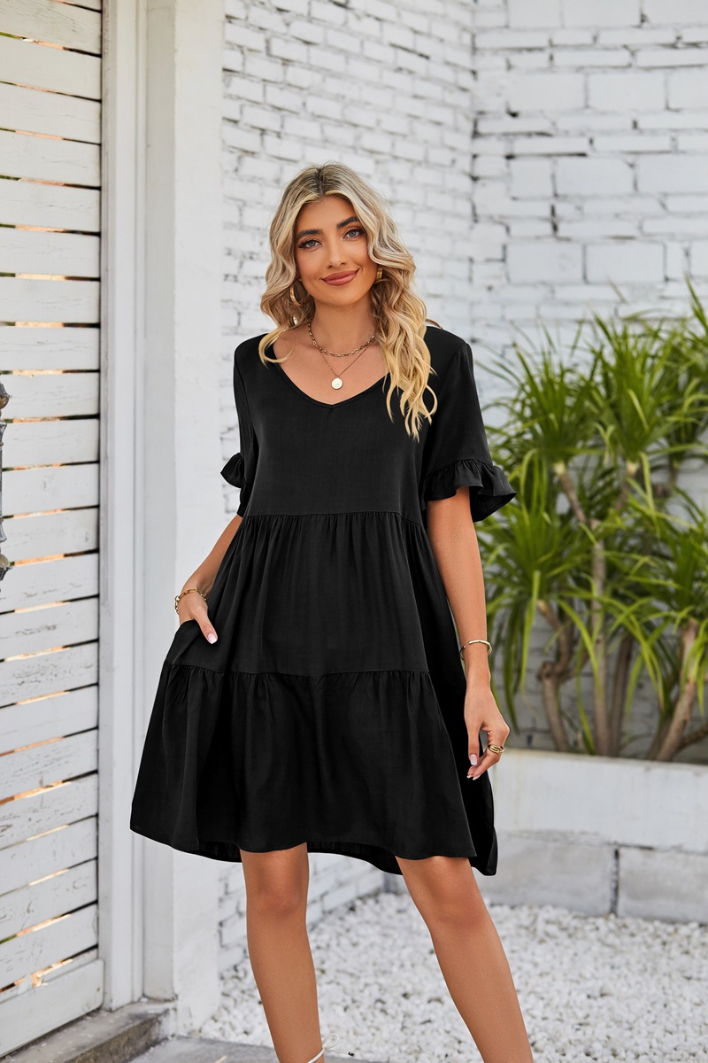 Women's A-line Skirt Casual V Neck Patchwork Lettuce Trim Short Sleeve Solid Color Knee-length Daily display picture 1