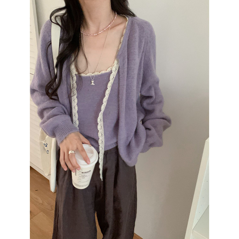 韩系两件套清新甜美温柔减龄蕾丝花边领针织吊带背心毛衣开衫套装|undefined