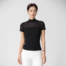 美国网纱短袖 夏季紧身透气t恤上衣女大码M-4XL高端修身打底衫女