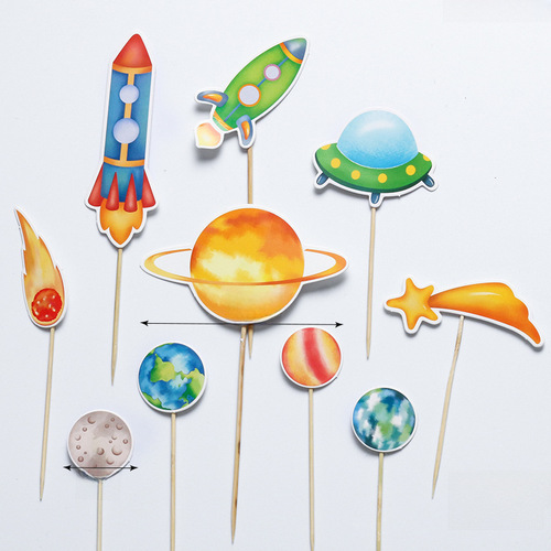 Space Planet Cake Topper Birthday Cake Decoration Space Ship Cake Insert Dessert Table Decoration