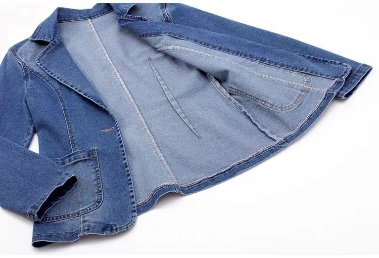 Women's Clothing Slim Fit Suit Collar Solid Color Cardigan Slim Fit Denim Blazer For Women - Single Button Open Front Jacket With Notch Lapel, Casual_mkmklike.com