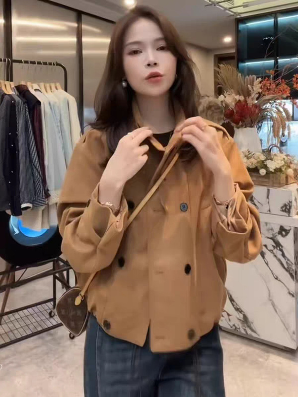 美式复古立领鹿皮绒夹克上衣单扣短款休闲外套女202早秋新款百搭|undefined