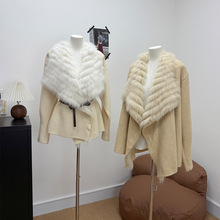 2025秋冬新款车条大翻领狐狸毛皮草中长款开衫毛衣针织女装外套