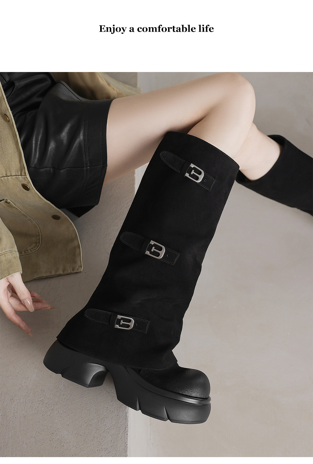 Boot nữ da lộn đế dày phong cách biker, gót platform 5 cm — màu đen chi tiết 10