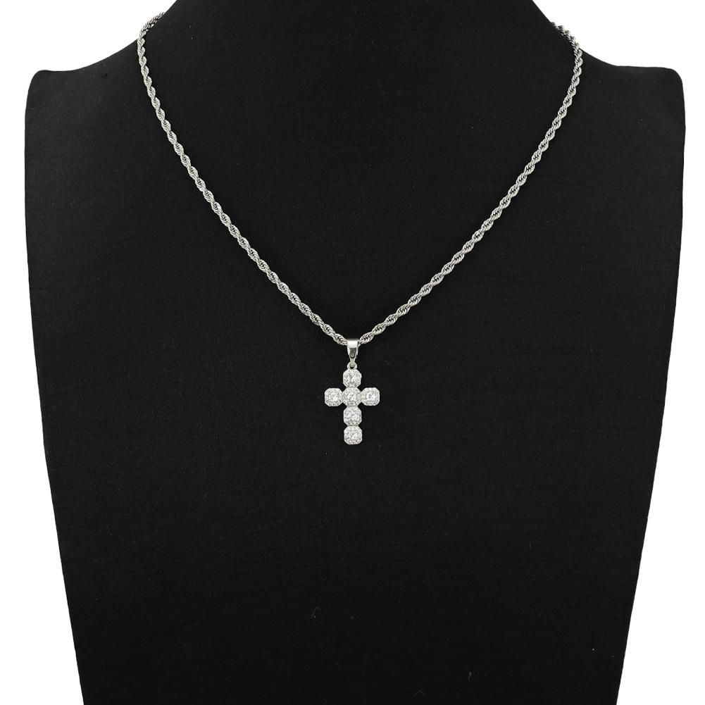 Pendant Necklace Classification 667 Stainless Steel Chain Material Copper Inlaid Zircon Cross Pendant Necklace Personalized   Style Long Hemp Flowers Chain Sweater Chain Wear Accessory