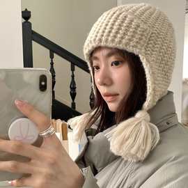 韩系小辫流苏针织帽子女秋冬加厚保暖百搭毛线帽大头围护耳雷锋帽