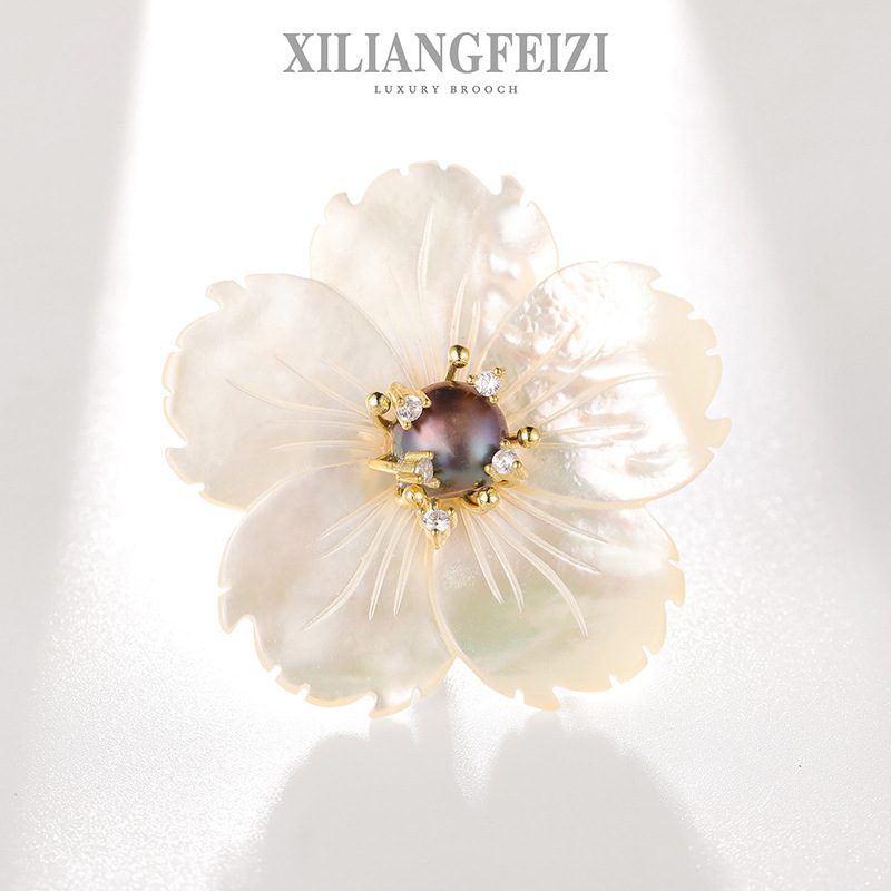 Xiliang Feizi High-grade Natural Seawater Shell Flower Brooch Freshwater Pearl Peach Blossom Pin Dress Corsage Women