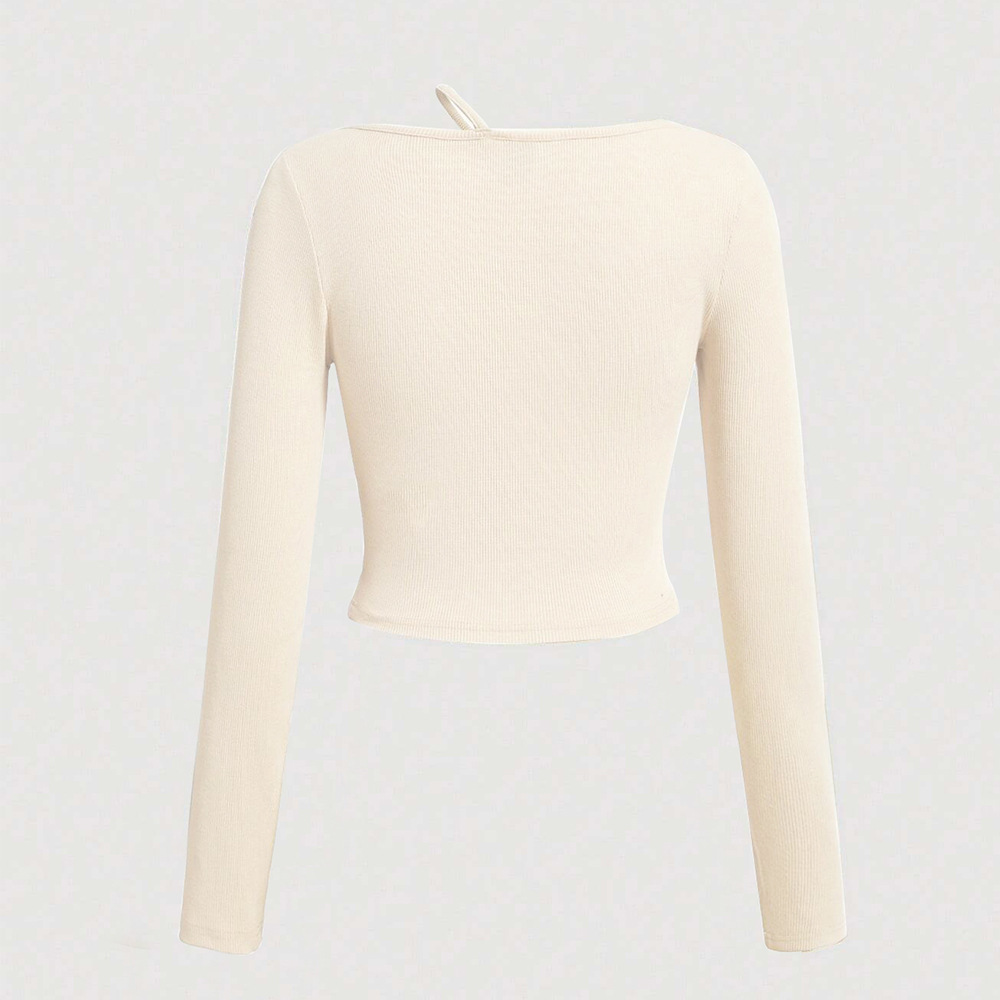 Voya Women's Clothing 2026 Spring/Summer New European And American Women's Slim-Fit Knit Long-Sleeve T-Shirt With Slanted Collar_ecoleips.com