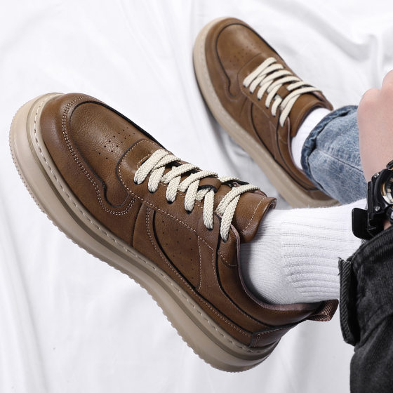 Men's Leather Shoes 2025 Spring and Autumn New Low-top Retro Board Shoes Comfortable Height-increasing Breathable Leather Sports Casual Board Shoes Trendy