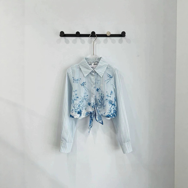 Nanyou High-End Women's Clothing 2026 Spring Cd New French-Style Blue and White Striped + Floral Print Short Shirt Nanyou High-End Women's Clothing 2026 Spring Cd New French-Style Blue and White Striped + Floral Print Short Shirt