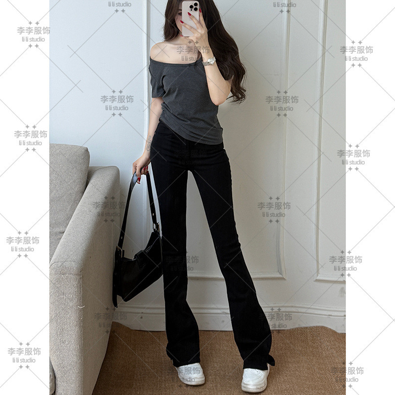 黑色百搭休闲马蹄牛仔裤女2025年秋季新款高腰显瘦弹力修身长裤|undefined