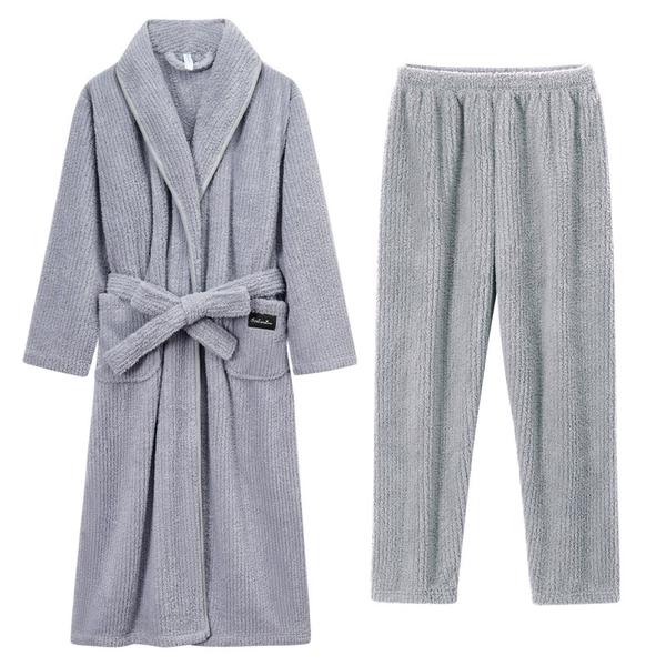 Women - Light gray lapel bathrobe + pants