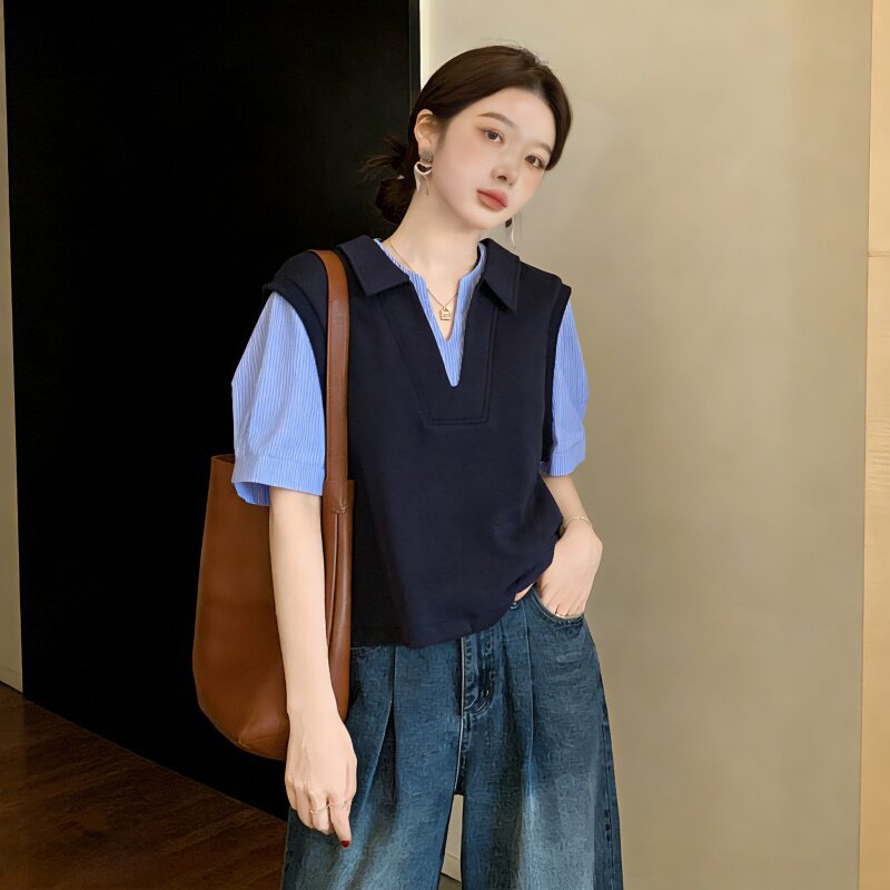 Áo sơ mi nữ giả hai lớp cổ V vai xuôi tay ngắn dáng suông — Xanh lông mòng đen chi tiết 3
