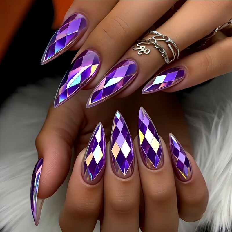 3D Stereo Multi-Faceted Rhombus Electroplated Metal Glossy Manicure Fashion European and American Ins Style Round Head Almond Nails Purple Series