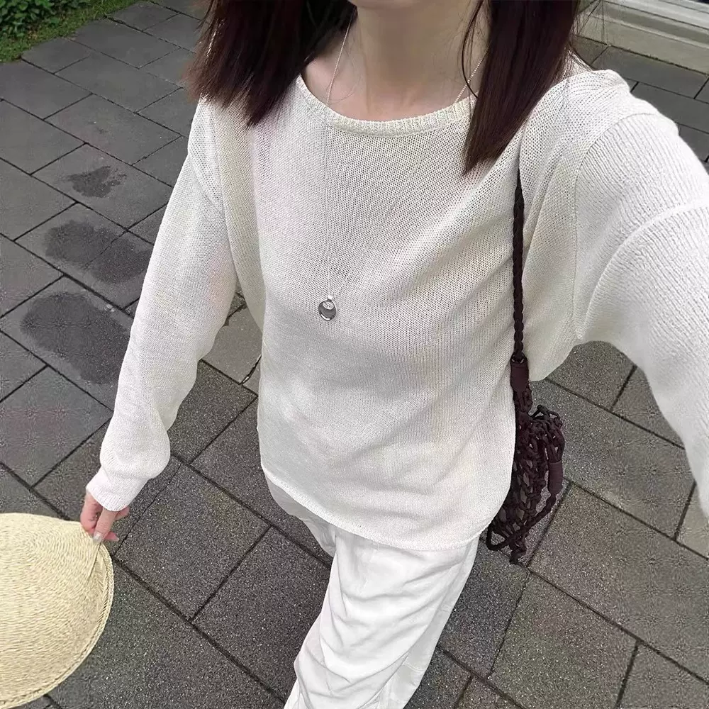 和纸纱一字领长袖罩衫女装2025新款慵懒风宽松针织衫早秋上衣外穿