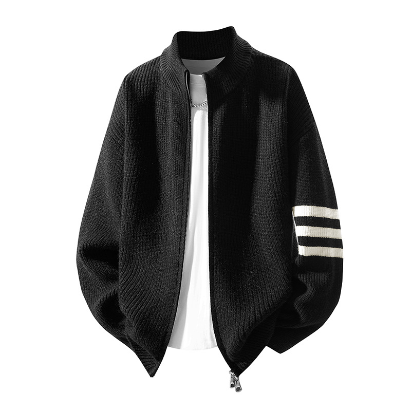 Men's Oversized Striped Knit Cardigan – Cozy Fall/Winter Loungewear Sweater (Rabbit Wool Blend, Grey/Black/Navy)_voghion.com