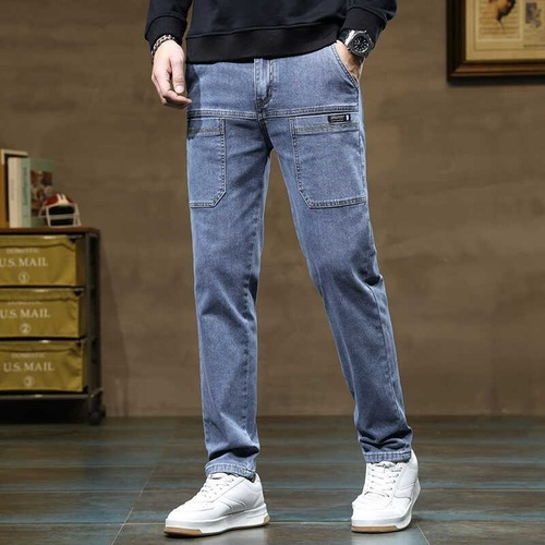 High-quality Summer Men's Jeans 2024 Trendy Retro Six-Pocket Straight Leg Elastic Long Pants