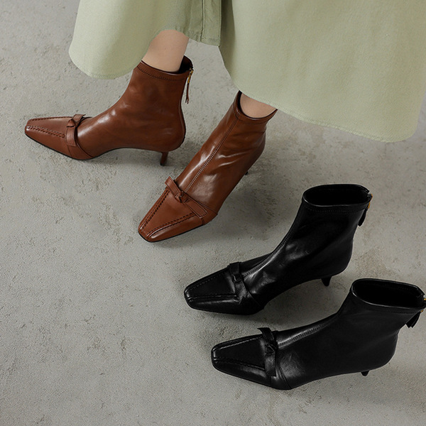 Retro leather elastic low boots square toe stiletto heels with bow
