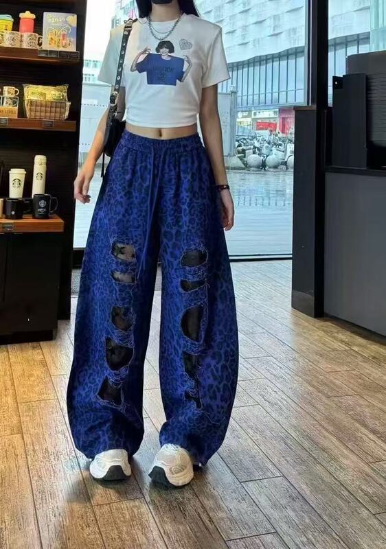 ヒョウ柄ワイドレッグパンツ 2025 春夏新作ハイウエストレースルーズストレートワイドレッグパンツガールズカジュアルロングパンツ|undefined