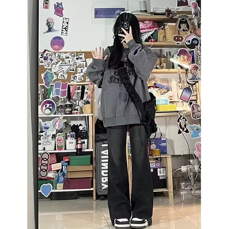 Moda americana calle todo fósforo guapos jeans hombres sueltos rectos casuales hollín pantalones ins tendencia mezclilla